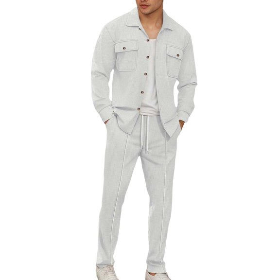 Valora Men Fahion Outfit Knit Long Sleeve Shirt and Pants Set for Everyday Casual Workwear with Pure Color Finish and Comfortable Fit White M