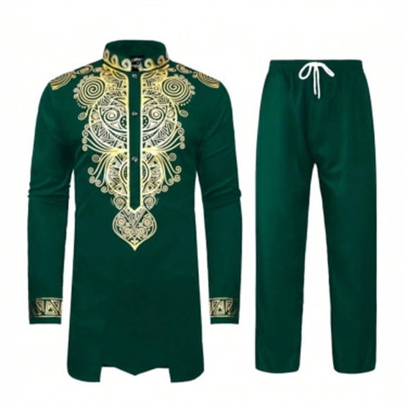 Valora Men Fahion Outfit Men's Suits Casual Fashion Men's African Suit with Gold Jacket and Trousers Set in contemporary style for formal and festive occasions Green S
