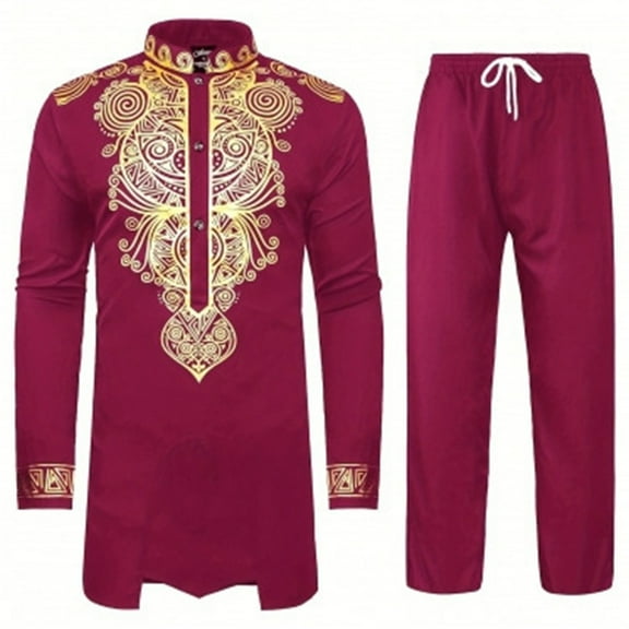 Valora Men Fahion Outfit Men's Suits Casual Fashion Men's African Suit with Gold Jacket and Trousers Set in contemporary style for formal and festive occasions Red S