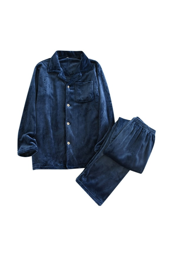 Men Fahion Outfit Men's Suits Winter Thickened Home Wear Casual Comfort Flannel Pajamas Set Blue L