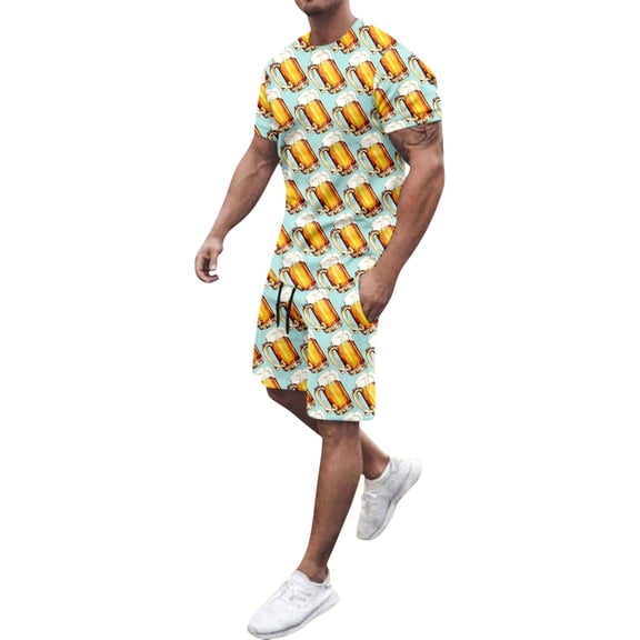 Valora Men Fahion Outfit Mens Summer Casual Printed T Shirt Drawstring Shorts Set for Daily Wear Lightweight Short Sleeve Suit Breathable Weekend Outfit Versatile Men’ s Casualwear Mint Green XL