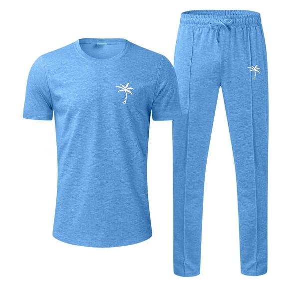Valora Men Fahion Outfit Product Category Men’ s Suits — ’ s Summer Sportswear Set Breathable Short Sleeve Tee and Sports Trousers with Pockets for Everyday Wear Blue 2XL