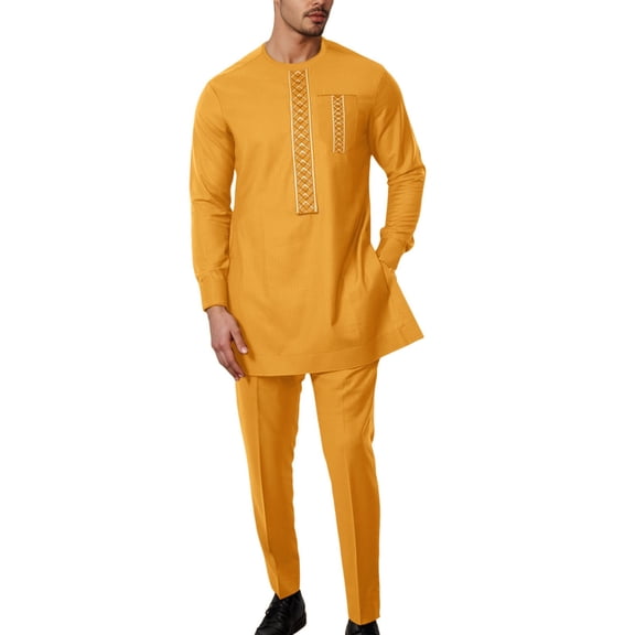 Valora Men Fahion Outfit Product Men''s Suits 2 Piece Set Embroidered Long Sleeve Pocket Design and Ethnic Style for Daily Wear Orange S