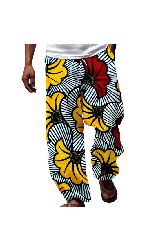 Men Pants Men'S Casual Pants | Men African Dashiki Traditional Style Casual Trouser Summer Hawaii Holiday Ankara Beach Floral White 3XL