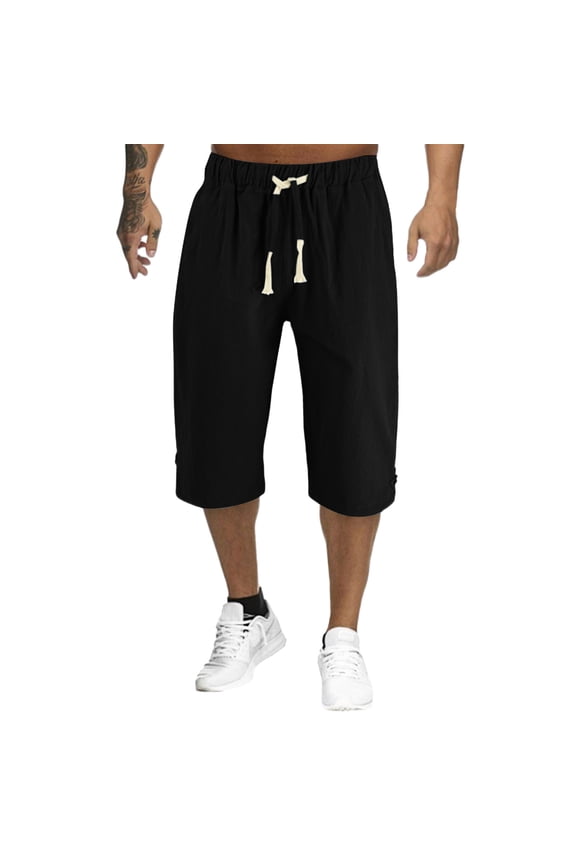 Men Pants Men's Casual Pant - Solid Color Lumbar Front Panel Calf-Length Trousers for Everyday Wear Black L