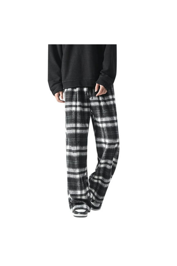 Men Pants Men's Casual Pants for Autumn and Winter – Wide Leg Floor-Length Wool Plaid Design Casual Trousers for Everyday Comfort and Warmth Black L