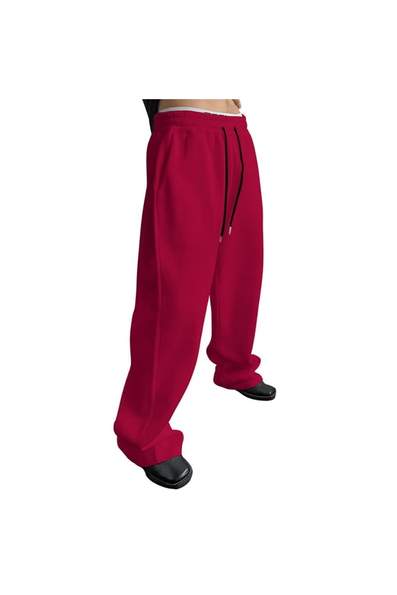 Men Pants Men's Casual Pants Loose Fit Straight Leg Trousers with Drawstring Waist Comfortable Everyday Wear and Sports Red 1 S
