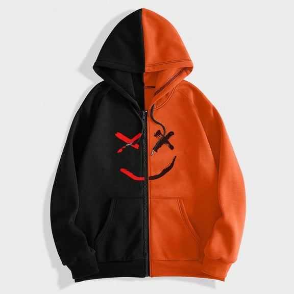 Valora Men Sweatshirt Men's Hoodies Sweatshirts Autumn Winter Color Blocked Long Sleeve Hooded Cardigan Sweatshirt for Men Orange S