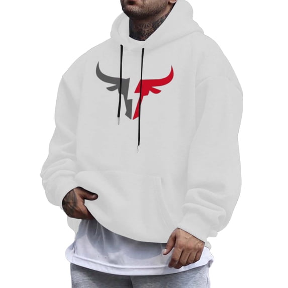 Valora Men Sweatshirt Men's Hoodies Sweatshirts Casual Bull Head Graphic Drawstring Pullover Hoodie for Everyday Comfort and Versatility White L