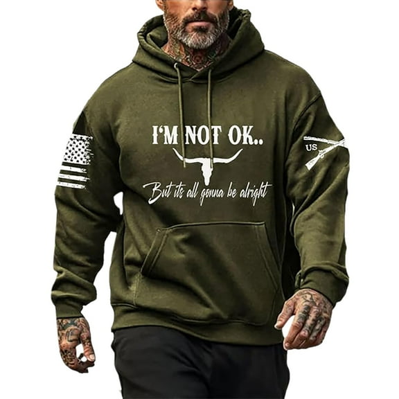 Valora Men Sweatshirt Men's Hoodies Sweatshirts Veteran Printed Hooded Double Layered Hoodie for Casual Comfort and Style Green 5XL
