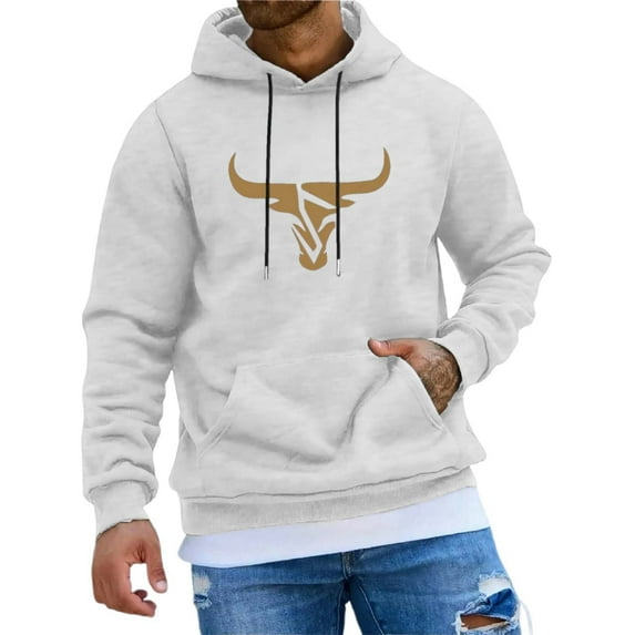 Valora Men Winter Outfit Product Category Men's Hoodies Sweatshirts — Men’s Casual Bull Head Graphic Drawstring Hoodie Comfortable Blend Pullover Sweatshirt for Everyday Wear White S
