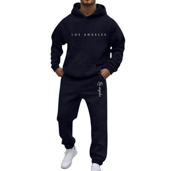 Valora Men's Suit Set for Everyday Casual Wear Two Piece Hooded Sports Ensemble with Raglan Sleeves and Pants for Autumn Winter Navy XL