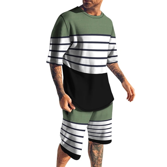 Valora Men's Suit Set for Summer Casual Wear Short Sleeve 2 Piece Sporty Striped Printed T Shirt and Shorts Outfit for Men Army Green 5XL