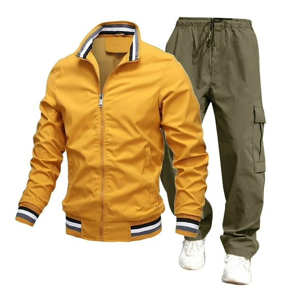 Valora Men's Suits 1 Men's Sweat Suit Two Piece Outfit Casual Contrast Sports Jogging Tracksuits Set Yellow XL