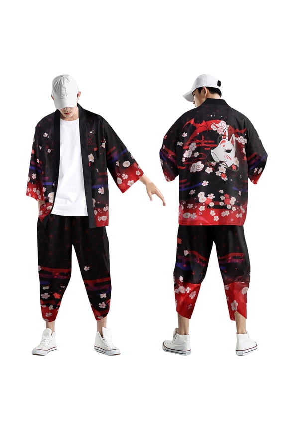Men's Suits Casual Ensemble Featuring Relaxed Antiques Digital Print Kimono Cassock Cardigan Shirt Pants Jacket Suit for Modern Wardrobe Red 3XL