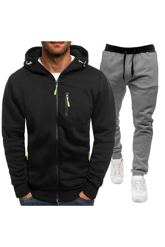 Men's Suits Product Title for Winter Set Hooded Sweatshirt and Casual Pants Ensemble Solid Color Two Piece Classic Style for Men Black XL