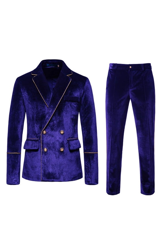 Men's Suits Velvet Slim Double Evening Dress for Autumn and Winter Fashion Casual Solid Color Groomsmen Suit Blue L