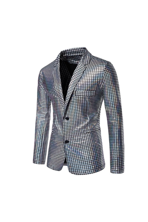 Men's Suits for Stage Performance Dazzling Sequin Checkered Party Suit Set from Men's Suits category Silver 4XL