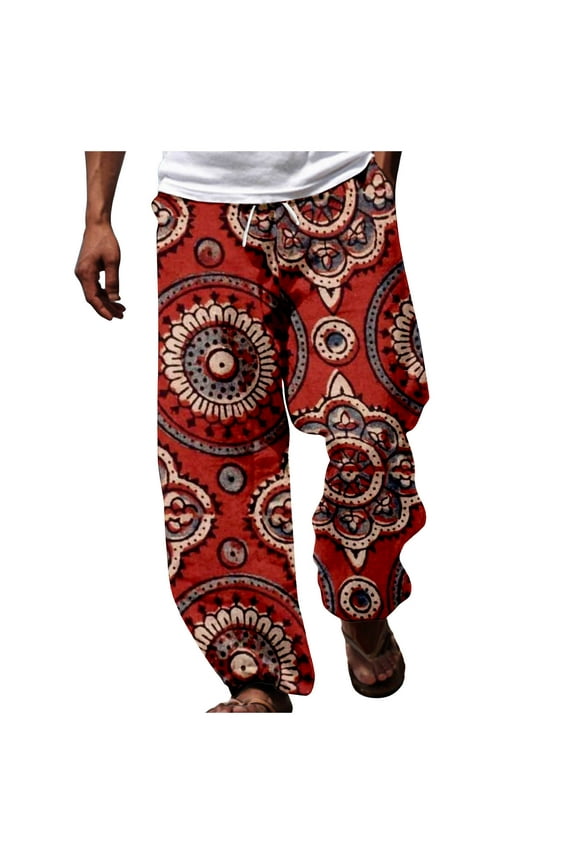 Mens Casual Pants for Men Africa Dashiki Summer Beach Floral Treetop Style Lightweight Trouser Red 3XL
