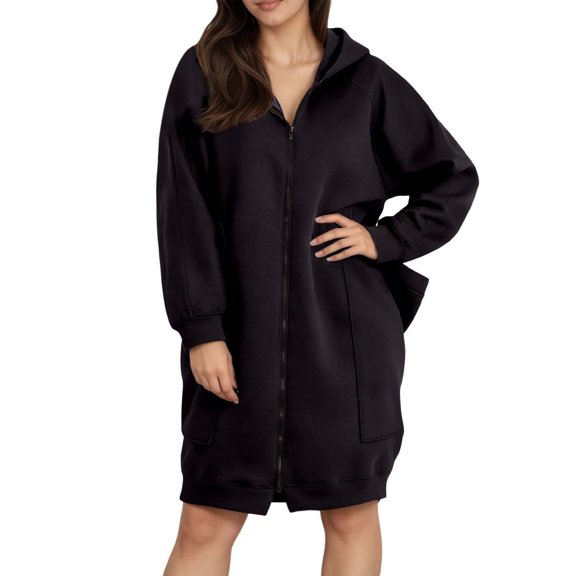 Valora Plus Size Hooded Zip Up Sweatshirt Dress for Everyday Wear Cozy Lined Long Sleeve Outerwear with Pockets Lightweight Summer to Fall Transition Tunic Black 4XL