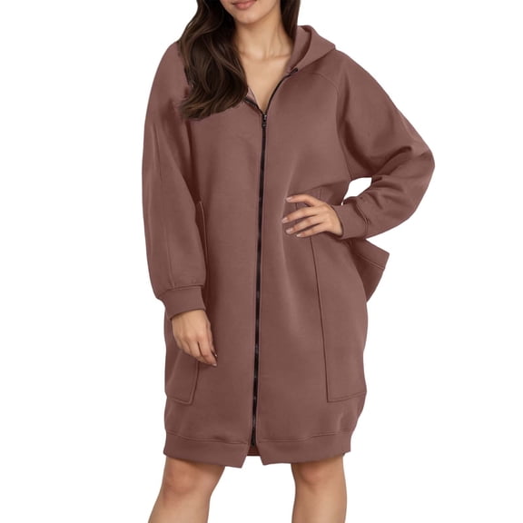Valora Plus Size Hooded Zip Up Sweatshirt Dress for Everyday Wear Cozy Lined Long Sleeve Outerwear with Pockets Lightweight Summer to Fall Transition Tunic Brown 4XL