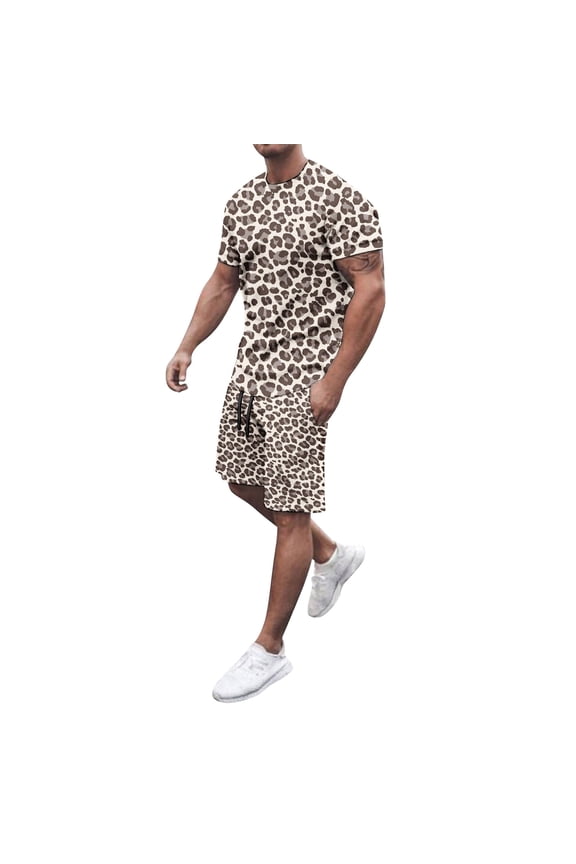 Product Category Men's Suits Product Title Oversized Two Piece Leopard Print Short Sleeve Top Set for Summer Casual Loose Long Top with Comfortable Fit Black L