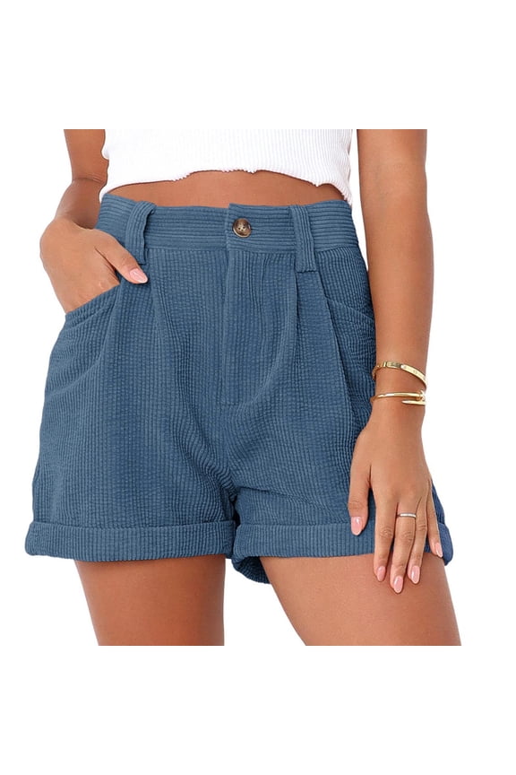 Shorts for Women Shorts High-Waist Corduroy Casual Shorts for Summer Blue XL