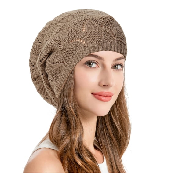 Valora Soft Knit Airy Cutout Lightweight Slouchy Beret Hat Brown