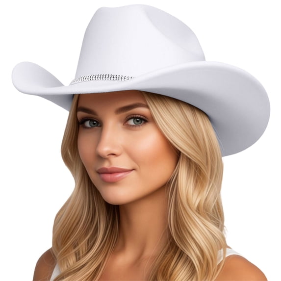 Valora Sparkling Rhinestone Cowboy Hat Wide Brim Sun Travel Western Style For Outdoor Adventure White