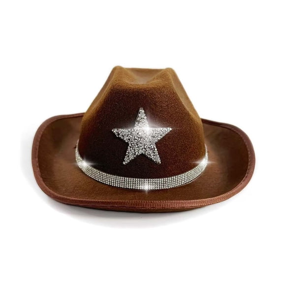 Valora Sparkly Star Cowboy Hat For Kids Western Party Festival Sun Outdoor Play Girls Boys Carnival Beach Toddler Rhinestone Cap Brown