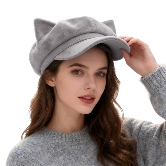 Valora Stylish Japanese Beret Hat With Cat Ear Design Solid Color Eight Cap For Fashion Daily Wear Gray