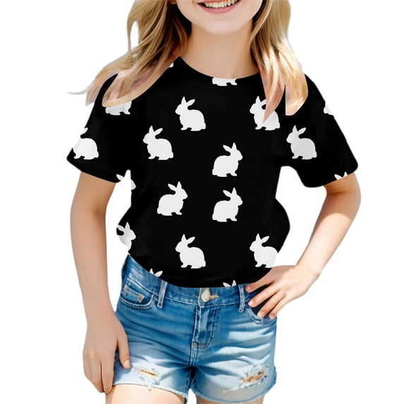 Valora Easter Bunny Graphic Casual Tennis Tee for Girls Round Neck Short Sleeve Soft Top Black 12-13 Years