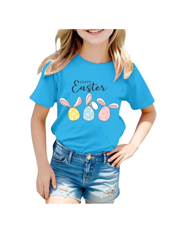 Teen Girls Tops Tees Shirts Product Title Children's Fashion Easter Theme Printed T Shirt Casual Comfortable Top for Boys and Girls Sky Blue 10-11 Years