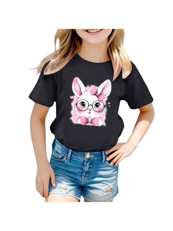 Product Girls Tennis Tops Tees Shirts | Product Girl's Cute Easter Print Round Neck Short Sleeved Casual T Shirt Top Black 10-11 Years