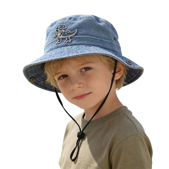 Valora Washed Denim Fisherman Hat For Kids Dinosaur Cartoon Sun Cap Baby Boys Girls Casual Outdoor Play School Party Blue