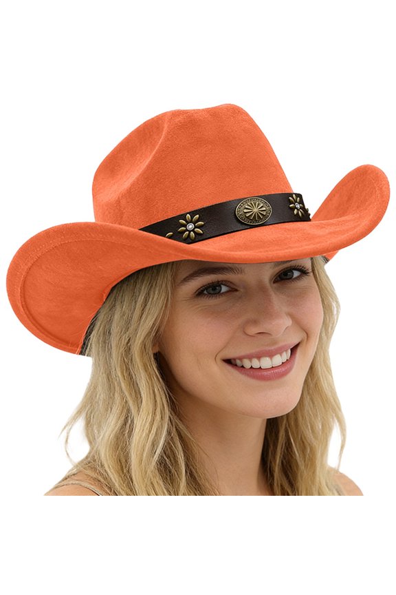 Western Style Cowboy Hat With Curved Brim For Outdoor Riding Suede Design Orange