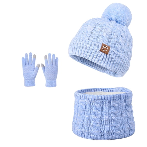 Valora Winter Kids Hat Scarf Warm Knitted Neck Warmer Mittens Set For Boys Girls Cold Outdoor Activities Blue