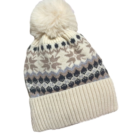 Valora Winter Woolen Hat Fashion Snowflake Warm Furball Knit With Thickened Cold Earflap Women White