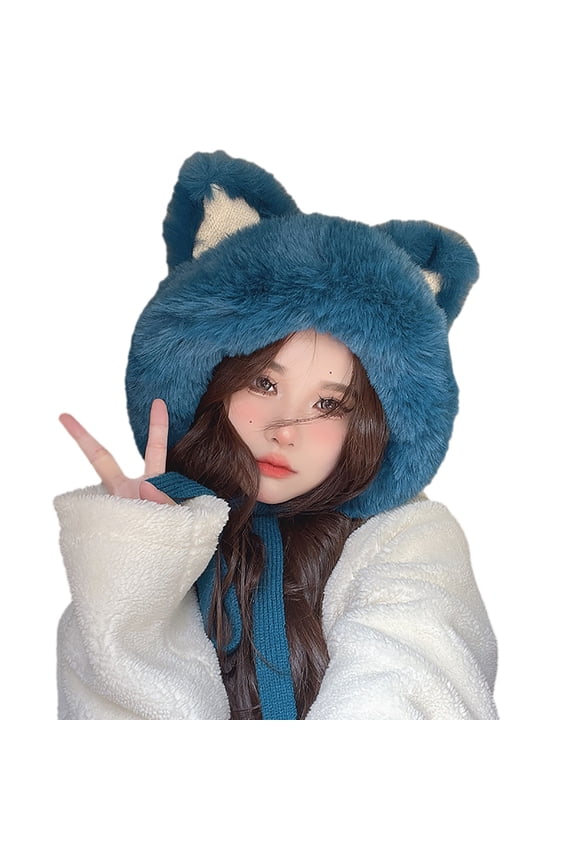 Women Cute Cat Ears Visor Korean Fashion Warm Fuzzy Hat Face Small Winter Accessory Blue
