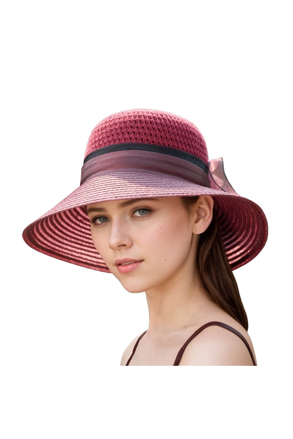Women Elegant Beret Wide Brim Sun Hat Wedding Tea Party Outdoor Summer Ladies Fedora with Adjustable Strap UPF 50 Red