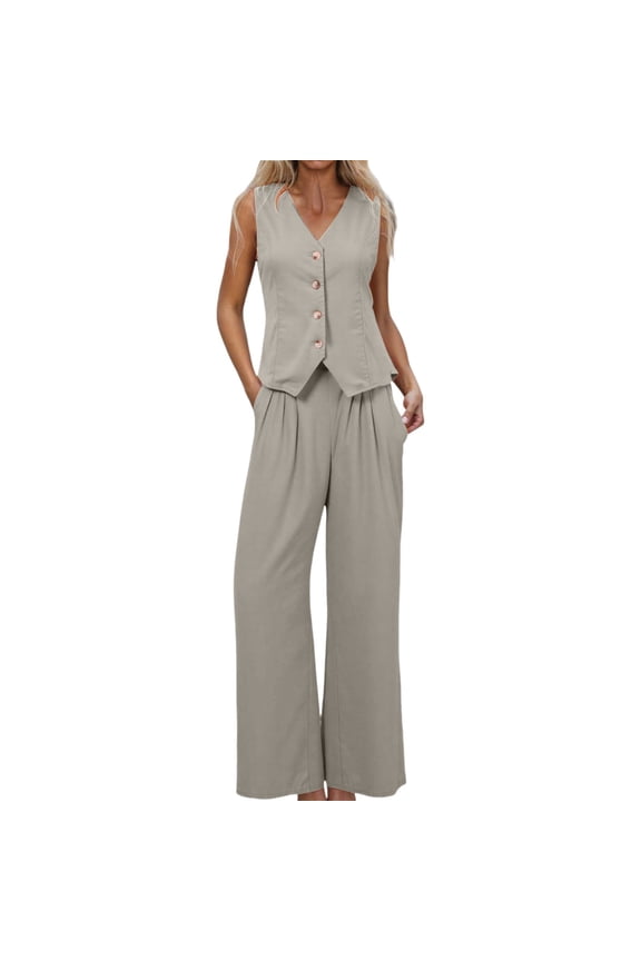 Women Fashion Clothes Women's Casual Wear Set Sleeveless Vest Top and Wide Leg Pants with Pockets for Daily and Resort Travel Khaki S