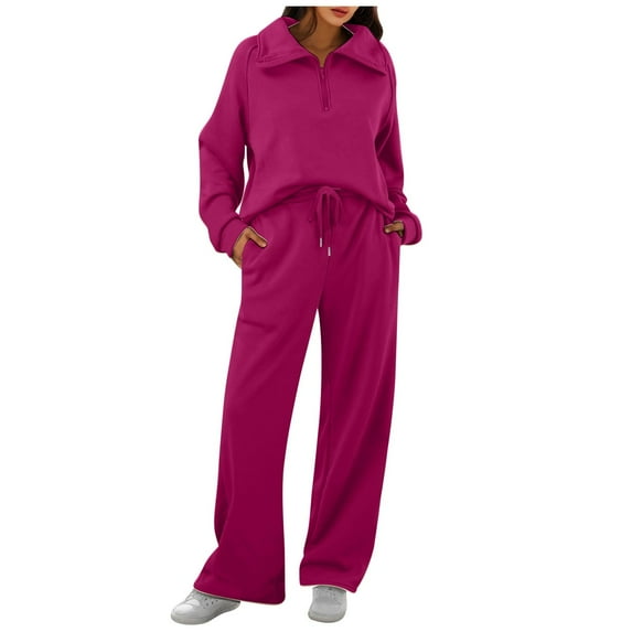 Valora Women Fashion Clothes Women's Trousers Suit 1 | Women's Casual Sports Suit Zipper Long Sleeved Hoodie Wide Leg Pants Two Piece Set Hot Pink L