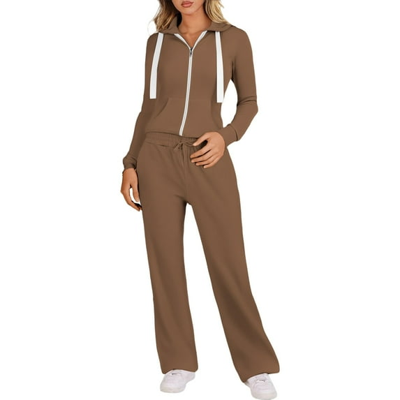 Valora Women Fashion Outfit Casual Fall Sweatsuit Set for Everyday Comfort Solid Color Two Piece Outfit with Hoodie and Jogger Pants Relaxed Style for Daily Wear and Weekend Brown