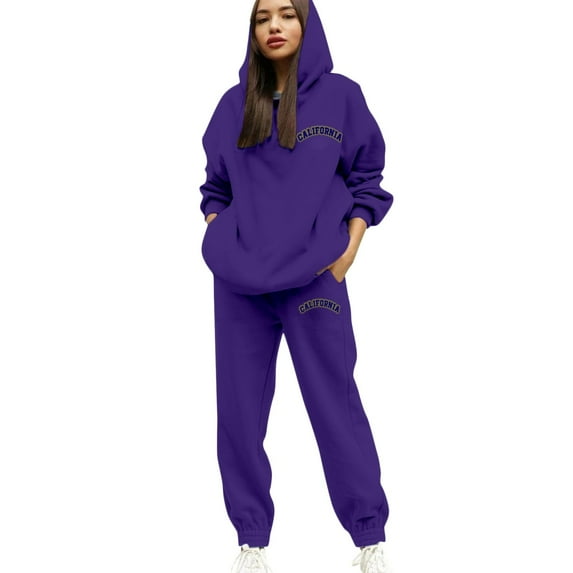 Valora Women Fashion Outfit Casual Hooded Tracksuit with Letter Print Drawstring Jogger Pants for Daily and Travel Comfortable Athletic Wear Outfit for Women Dark Purple M