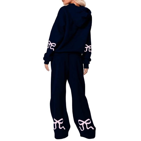 Valora Women Fashion Outfit Outdoor Leisure Relaxed Hoodie Top and Wide Leg Trousers Set for Everyday Comfort with Bow Print Navy M