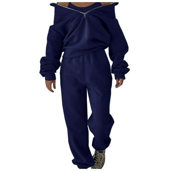 Valora Women Fashion Outfit Product Category Women's Trousers Suit — Women Fashion Two Piece Joggers Set with Half Zip Sweatshirt and Travel Ready Pants Navy 2XL