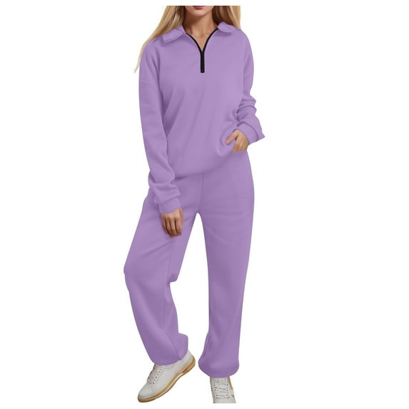 Valora Women Fashion Outfit Women's Trousers Suit 1 | Womens Fashion 2 Piece Outfits Long Sleeve Sweatsuits Sets Half Zip Sweatshirts With Joggers Sweatpants Purple M