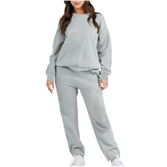 Valora Women Fashion Outfit Women's Trousers Suit 2 Piece Set for Casual Wear Long Sleeve Pullover Sweatshirt and Matching Sweatpants with Solid Modern Athleisure Style Grey XL