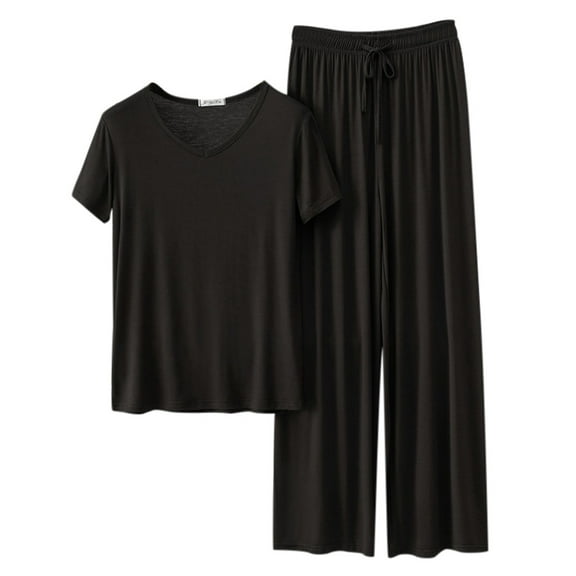 Valora Women Fashion Outfit Women's Trousers Suit Comfortable Homewear Set in Solid Color with Drawstring Wide Leg Pants and Short Sleeve Tee for Relaxing Sleepwear 2 Piece Set