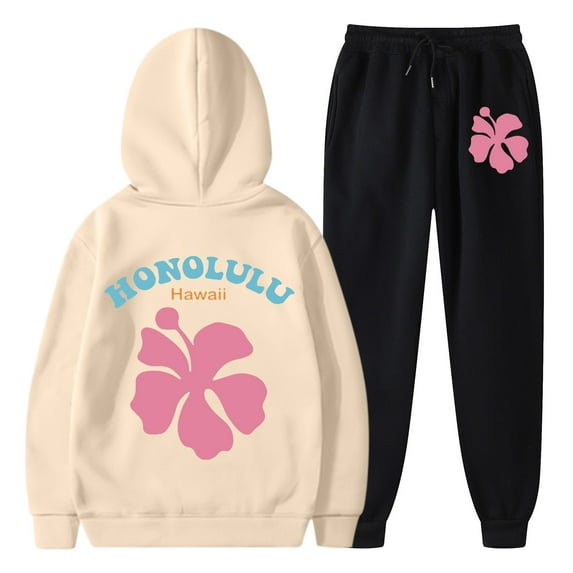 Valora Women Fashion Outfit Women s Two Piece Outfit Set Hoodie Sweatshirt and Long Sweatpants Jogger Workout Set for Fall Tracksuit Beige L